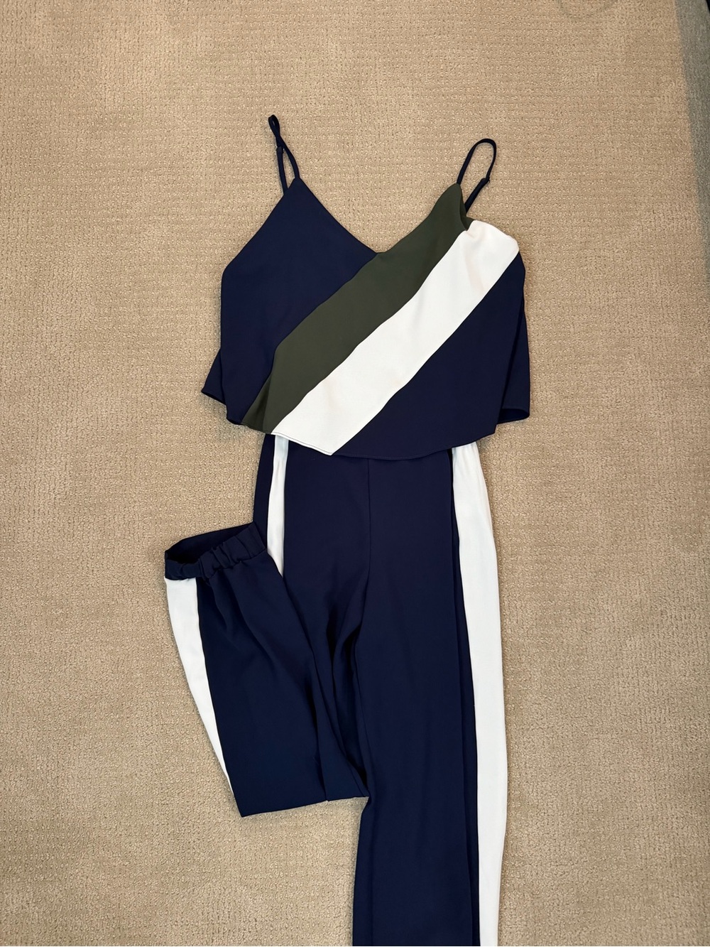 Parker Women's Navy Colorblock Jumpsuit with Olive and White Panels